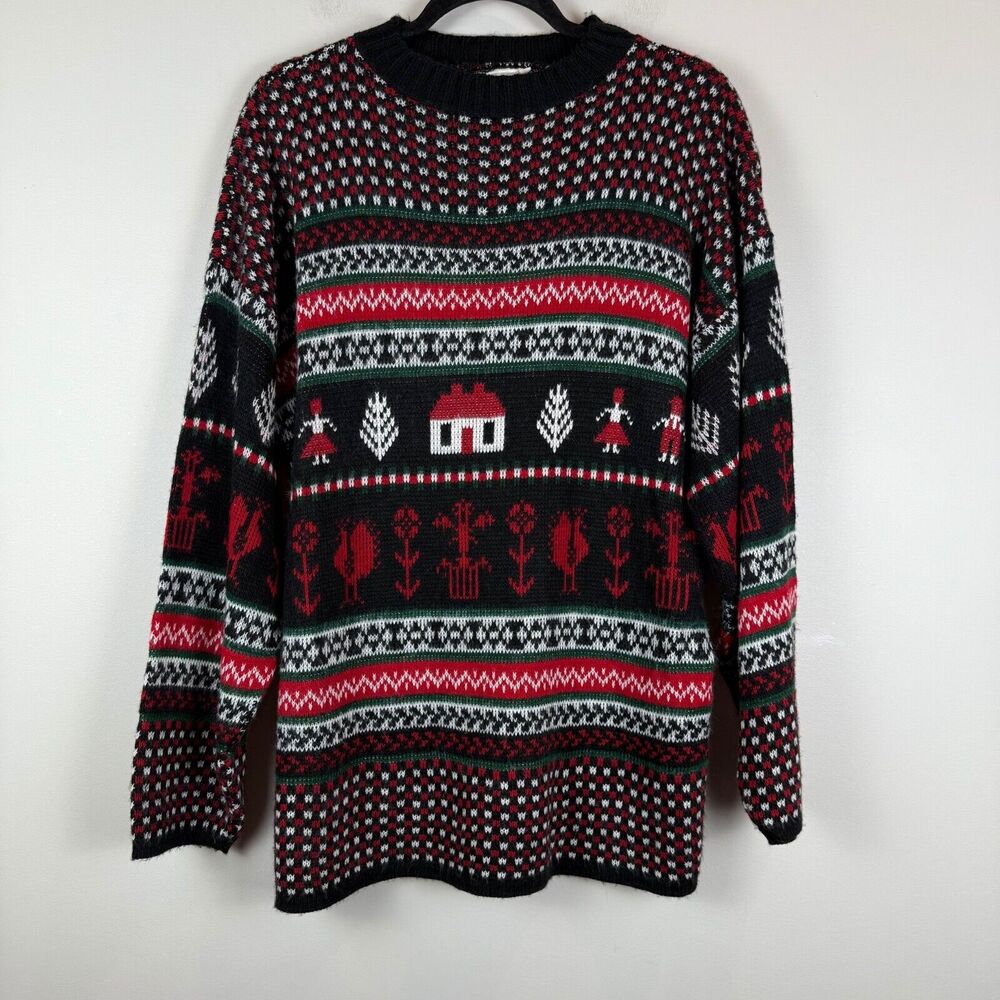 Vtg Huntington Ridge Sweater‎ Women's Large Black Ugly Christmas Holiday Retro